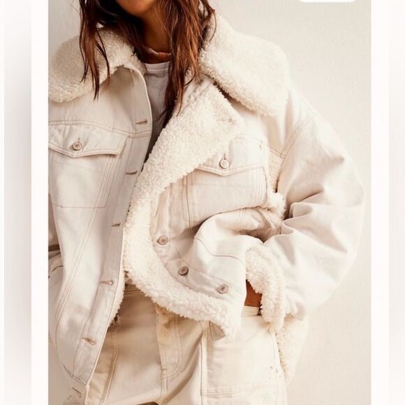NWT We The Free Holly Cozy Denim Jean Jacket Free People Sherpa Ivory White Ecru - Picture 3 of 9